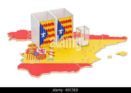 Notion de référendum de la Catalogne, les isoloirs avec drapeau et l'urne sur la carte catalane. Le rendu 3D isolé sur fond blanc Banque D'Images