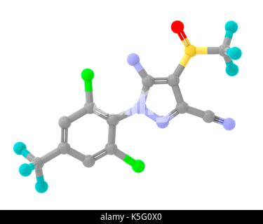 L'insecticide Fipronil, bille et stick modèle moléculaire. Les atomes sont représentés comme des sphères avec codage couleur : gris (carbone), l'oxygène (rouge), l'azote (bleu), le chlore (vert), le fluor (cyan), le soufre (jaune). Des hydrogènes sont cachés. Banque D'Images