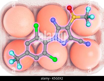 L'insecticide Fipronil, bille et stick modèle moléculaire recouvrit un six pack d'œufs. Les atomes sont représentés comme des sphères avec codage couleur : gris (carbone), l'oxygène (rouge), l'azote (bleu), le chlore (vert), le fluor (cyan), le soufre (jaune). Des hydrogènes sont cachés Banque D'Images