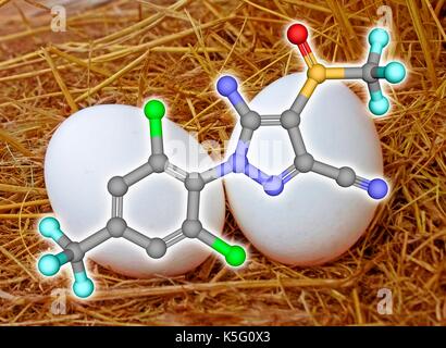 L'insecticide Fipronil, bille et stick modèle moléculaire recouvrit un nid de poulets avec deux oeufs. Les atomes sont représentés comme des sphères avec codage couleur : gris (carbone), l'oxygène (rouge), l'azote (bleu), le chlore (vert), le fluor (cyan), le soufre (jaune). Des hydrogènes sont cachés Banque D'Images