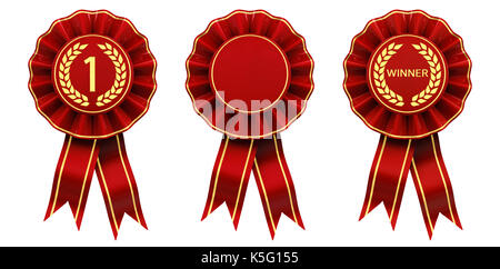 Gagnant de la première place ribbon cocardes , ensemble de rosettes rouge et or isolated on white Banque D'Images