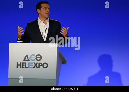 (170910) -- Thessalonique (Grèce), sept. 10, 2017 (Xinhua) -- le premier ministre grec alexis tsipras, prononce un discours sur sa politique économique du gouvernement au cours de la 82e foire internationale de Thessalonique (fit), le plus grand de la grèce salon annuel organisé dans la ville portuaire du nord de Thessalonique, Grèce, sept. 9, 2017. (Xinhua/marios lolos) (Yn) Banque D'Images