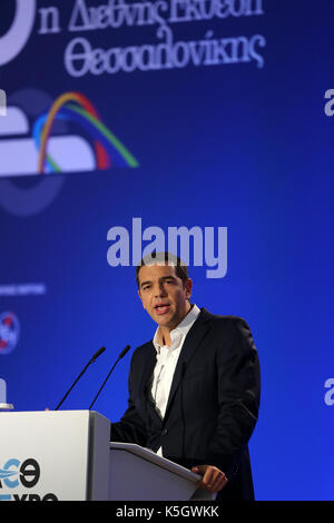 (170910) -- Thessalonique (Grèce), sept. 10, 2017 (Xinhua) -- le premier ministre grec alexis tsipras, prononce un discours sur sa politique économique du gouvernement au cours de la 82e foire internationale de Thessalonique (fit), le plus grand de la grèce salon annuel organisé dans la ville portuaire du nord de Thessalonique, Grèce, sept. 9, 2017. (Xinhua/marios lolos) (Yn) Banque D'Images