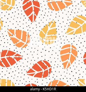 Schéma de répétition sans faille avec les feuilles et les points en rouge, orange et jaune sur fond blanc. la nature a inspiré le tissu, papier-cadeau, conception de cartes de vœux. Illustration de Vecteur