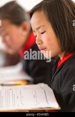 Les élèves en classe de mathématiques à l'école primaire en gangrithang, jakar, centrale Bhoutan Banque D'Images