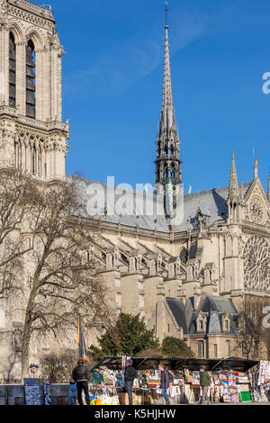 Paris, France - 3 mars 2016 : les piétons en face de seconde main (libraires bouquinistes) avec derrière la cathédrale Notre Dame, Paris, France Banque D'Images