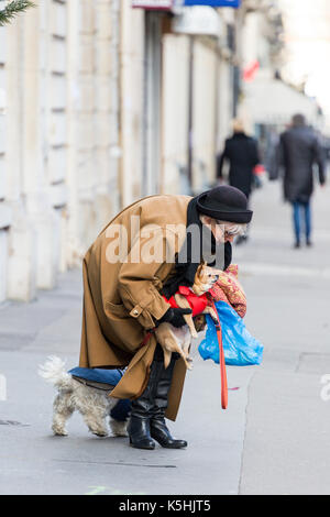 Plus dame en manteau, écharpe et chapeau à ses deux chiens dans la rue dans le 7ème arrondissement, Paris Banque D'Images