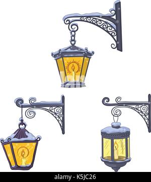 Vintage jeu de lanternes luminescents rue couverte de neige, suspendu à un consoles décoratives isolé sur fond blanc. vector Illustration de Vecteur