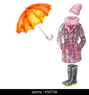 Ensemble de vecteur dessiné à la main et accessoires vêtements automne aquarelle, manteau, parapluie, bottes, foulard, chapeau, isolé sur le carré blanc avec en arrière-plan Illustration de Vecteur
