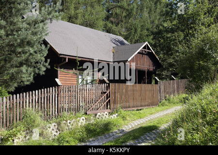 Vieille maison de bois en forêt. Banque D'Images