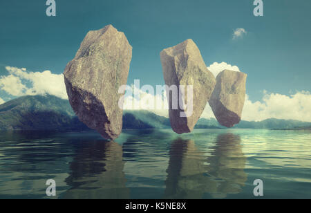 Des rochers flottant dans le ciel au-dessus du lac. Combinaison 3d concept illustration Banque D'Images