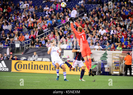 Foxborough, Massachusetts 9 Sep 2017. New England Revolution attaquant Cody Cropper (1) protège le filet pendant le jeu entre la MLS Impact de Montréal et le New England Revolution tenue au Stade Gillette à Foxborough dans le Massachusetts. Défaite 1-0 de l'impact de la révolution. Eric Canha/CSM/Alamy Live News Banque D'Images