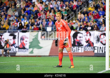 Foxborough, Massachusetts 9 Sep 2017. New England Revolution attaquant Cody Cropper (1) fonctionne le net au cours de la MLS match entre l'Impact de Montréal et le New England Revolution tenue au Stade Gillette à Foxborough dans le Massachusetts. Défaite 1-0 de l'impact de la révolution. Eric Canha/CSM/Alamy Live News Banque D'Images