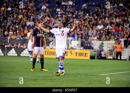Foxborough, Massachusetts 9 Sep 2017. Le milieu de terrain de l'Impact de Montréal Blerim Dzemaili (31) questions responsables sous le MLS match entre l'Impact de Montréal et le New England Revolution tenue au Stade Gillette à Foxborough dans le Massachusetts. Défaite 1-0 de l'impact de la révolution. Eric Canha/CSM/Alamy Live News Banque D'Images