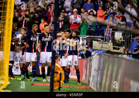 Foxborough, Massachusetts 9 Sep 2017. New England Revolution terrain Lee Nguyen (24) célèbre un but durant le match entre MLS l'Impact de Montréal et le New England Revolution tenue au Stade Gillette à Foxborough dans le Massachusetts. Défaite 1-0 de l'impact de la révolution. Eric Canha/CSM/Alamy Live News Banque D'Images