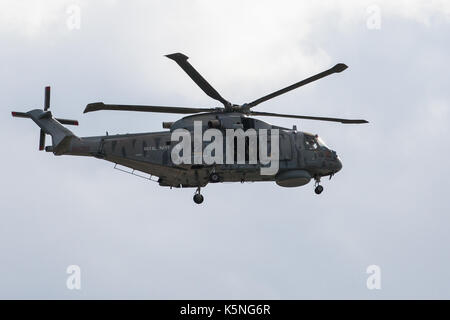 Londres, Royaume-Uni. 9 Septembre, 2017. Un hélicoptère militaire arrive au centre ExCel à l'avance de la DSEI foire aux armements. DSEI est la plus importante foire aux armements et délégations militaires invités par le gouvernement britannique : membres nommé par le Bureau à l'étranger comme une "priorité" des droits de l'homme, à savoir le Bahreïn, la Colombie, l'Égypte, le Pakistan et l'Arabie Saoudite. Credit : Mark Kerrison/Alamy Live News Banque D'Images