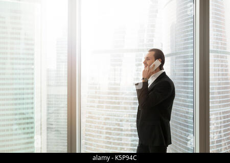 Smiling businessman in cher fonction talking on cellphone in de Banque D'Images