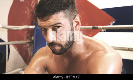 Portrait of male boxer musclé en sueur à la caméra à l'assurance après l'entraînement Banque D'Images