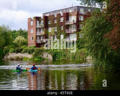 Deux canoéistes par le Lucy's Mill Weir et riverside apartments. rivière Avon, Stratford upon Avon, warks, Royaume-Uni. Banque D'Images