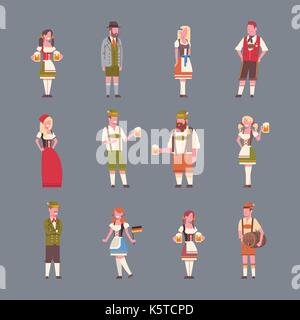 Des gens portant des vêtements traditionnels allemands ensemble d'icônes de man and woman holding bière Oktoberfest party concept Illustration de Vecteur