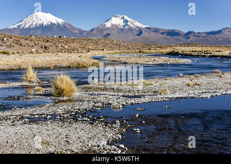 Les volcans couverts de neige pomerape et parinacota avec icy river, le parc national de Sajama, frontière bolivienne, Chili Banque D'Images