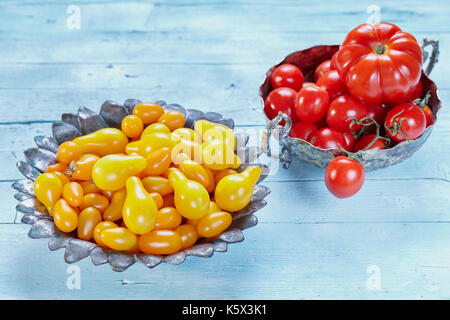 Variétés de tomates poire jaune : cerise, prune ou cerise datterino, rouge cerise et tomate beefstick, bleu clair sur fond de bois. Banque D'Images