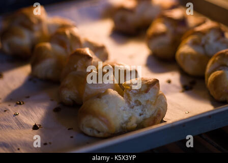 Pour du vrai réel croissants sans gluten en deux rangées de quatre sur le papier parchemin dans un four Banque D'Images