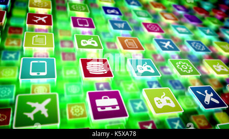 3d illustration artistique des icônes d'applications mobiles avec les images d'une smart phote, engrenage, avion, texte, panier, outils, monde et ainsi de suite, sh Banque D'Images