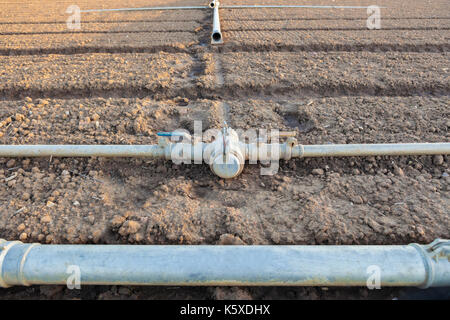 L'irrigation tuyaux métal connexions sur le champ ensemencé récemment. Libre Banque D'Images