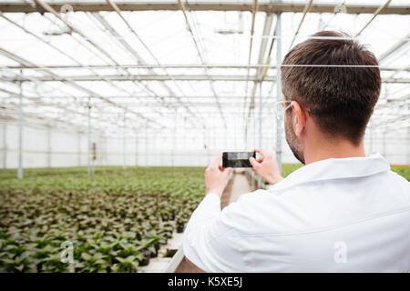 Vue arrière de l'homme faire jardinier photo de verdure sur smartphone Banque D'Images