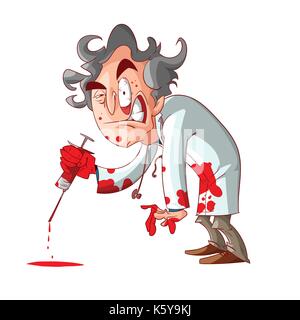 Colorful vector illustration d'un cartoon, médecin fou tenant une aiguille sanglante, et des taches de sang sur ses mains et vêtements. Illustration de Vecteur