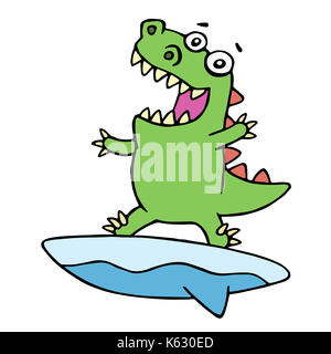 Cute dragon surfboard surfeur sur une vague capturés. vector illustration. joyeux caractère animal imaginaire. Banque D'Images