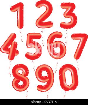 Numéros baloons set, red boules d'air pour la décoration d'anniversaire, anniversaire collection vector illustration, affiches, cartes, logos Illustration de Vecteur