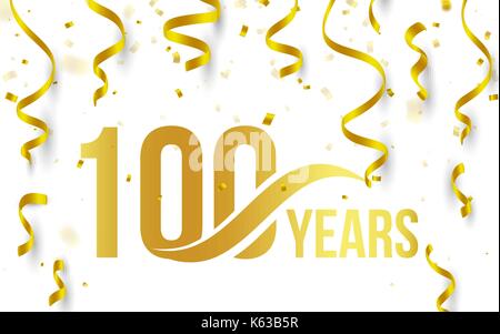 La couleur d'or isolées numéro 100 avec word ans icône sur fond blanc avec la chute de confettis et de rubans d'or, 100e anniversaire message d'anniversaire logo, élément de la carte, vector illustration Illustration de Vecteur