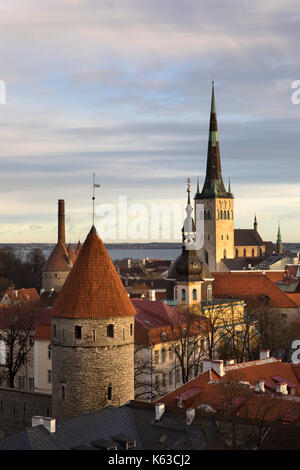 Vue sur la vieille ville avec les tours des remparts de la ville et l'église Oleviste à partir de Patkuli plate-forme Panoramique, Vieille Ville, Tallinn, Estonie, Europe Banque D'Images