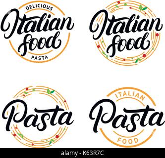 Ensemble de la cuisine italienne et les pâtes à la main, étiquette logo lettrage, insigne, emblème. calligraphie moderne. pâtes spaghetti cercle. vintage style rétro. isol Illustration de Vecteur