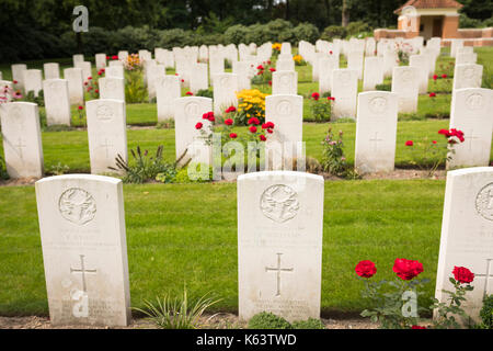 Pierres tombales avec des roses rouges et autres fleurs au cimetière de guerre du Commonwealth britannique à mook dans les Pays-Bas Banque D'Images