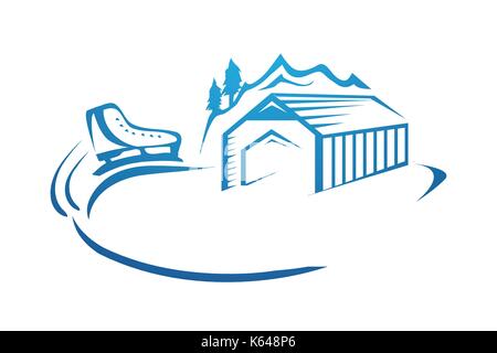 Patinoire patinoire avec logo, description de la cabane et skate et moutian, illustration design, isolé sur fond blanc Illustration de Vecteur