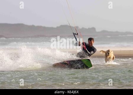 St Ouens, New Jersey. Sep 11, 2017. Météo britannique. Channel Islands pour exesise Soirée Kite Surfer & chien sur St Quens beach. Credit : Gordon Shoosmith/Alamy Live News Banque D'Images