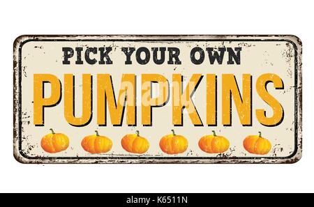 Pumpkins vintage métal rouillé signe sur un fond blanc, vector illustration Illustration de Vecteur