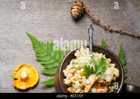 Jaune avec gruau sauce crème de champignons. Banque D'Images