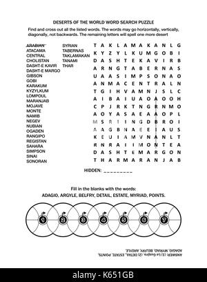 Puzzle page avec deux jeux de mots (en anglais). Les déserts du monde mots mystères et remplir les roues. noir et blanc, a4 ou lettre. Illustration de Vecteur