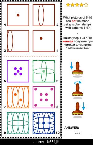 Résumé Formation iq puzzle visuel : quelles images de 5 à 10 ne peuvent pas être effectuées à l'aide des timbres en caoutchouc avec les modèles 1-4 ? Réponse inclus. Illustration de Vecteur