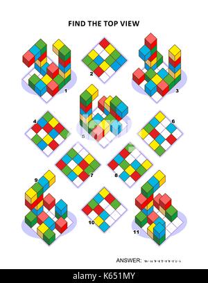 Pour l'éducation énigme mathématique : trouver la vue de dessus pour chacun des blocs de jouets structures. réponse inclus. Illustration de Vecteur