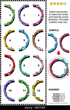 Formation iq résumé visual word puzzle (en anglais) : match demi-cercles avec des lettres pour en faire les cercles et lire les mots. réponse inclus. Illustration de Vecteur