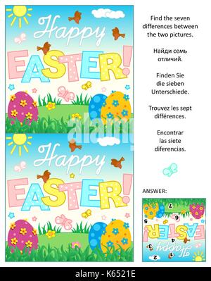 Photo puzzle : Trouvez les sept différences entre les deux cartes de vœux de pâques. réponse inclus. Illustration de Vecteur