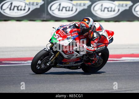 Misano Adriatico, ITALIE - 29 juillet 2017 : de Ducati Barni Racing, conduit par Michele pirro en action pendant la course superbike 1 au cours de la CIV en 2017 Banque D'Images