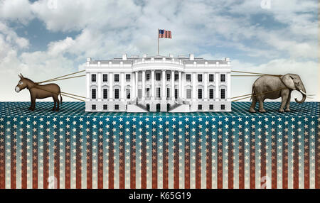 Photo illustration numérique et d'un âne et l'éléphant en tirant sur la Maison Blanche à un remorqueur de la guerre. Banque D'Images
