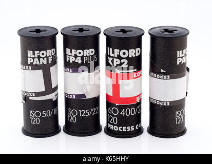 Rouleaux de 120 Ilford noir et blanc moyen format, Film Ilford Photo est un UK Photographic Company fondée en 1879. Banque D'Images