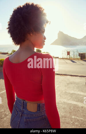 Vue arrière de la femme qui donne sur la Mer et Littoral Banque D'Images